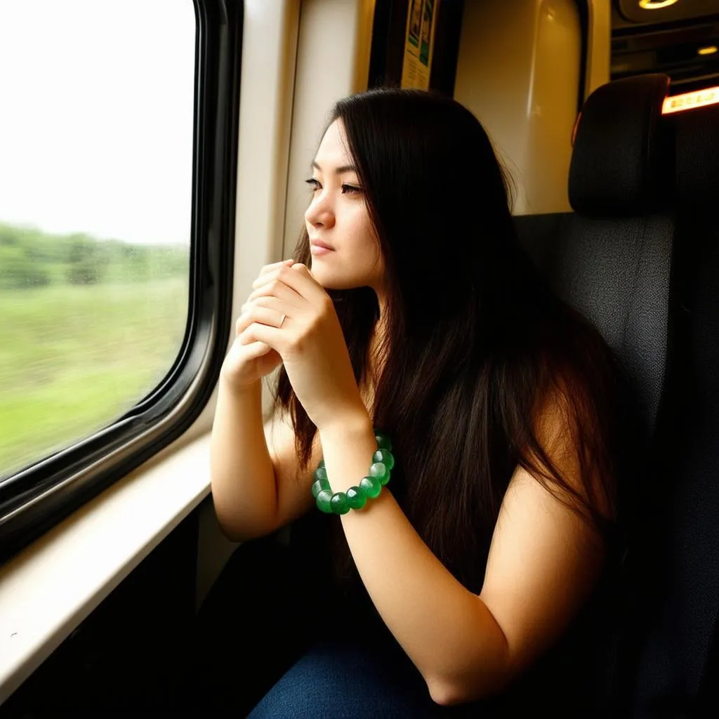 Woman Holding a Jade Bracelet on a Bus